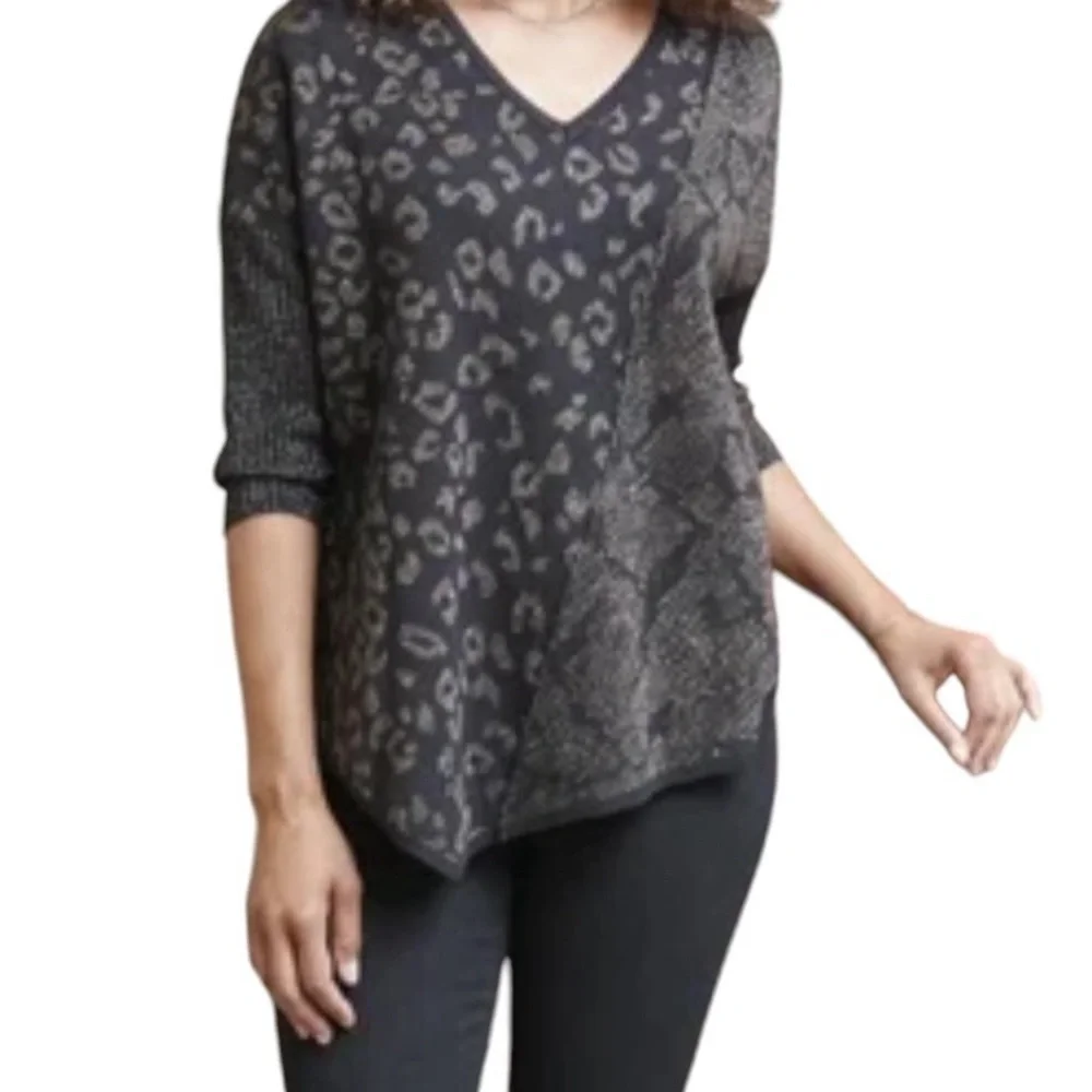 Democracy Cheetah & Snakeskin Print Metallic Sweater Size Large Black/Brown - Picture 2 of 5
